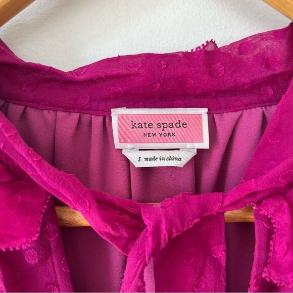 Kate Spade Fuchsia Purple 100% Silk Tie Neck Ruffle Dot Pattern Blouse - Picture 6 of 7